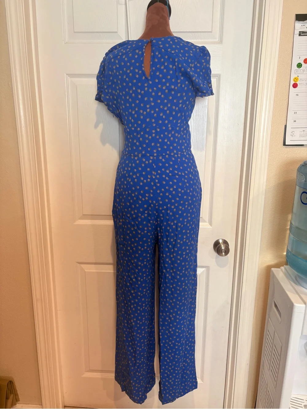 Free People Royal Blue V-Neck Wide-Leg Jumpsuit with Dot Print